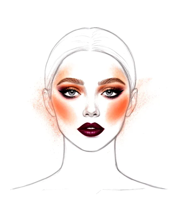 איור פנים בעיפרון עם דוגמיות איפור: שפתון, צללית, סומק ועיפרון גבות