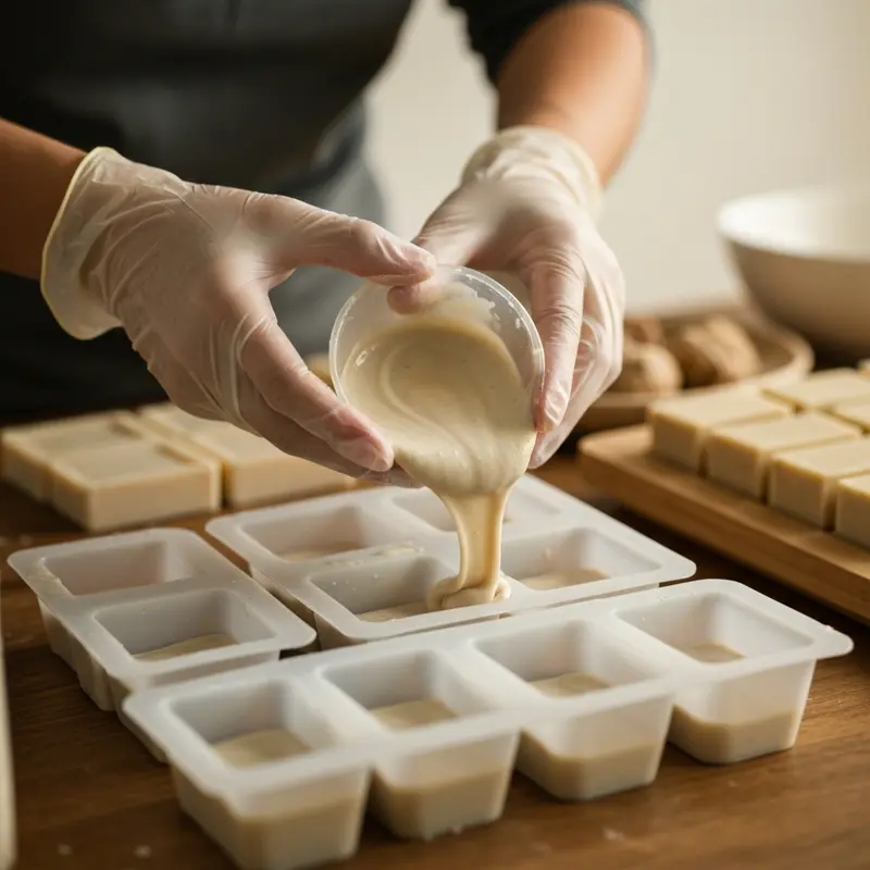 אישה ישראלית יוצקת סבון טבעי לתבניות