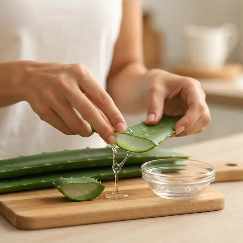 אישה ישראלית מורחת ג'ל אלוורה טרי על הפנים