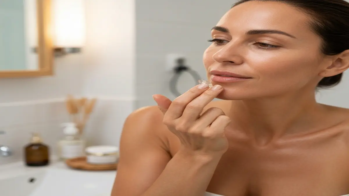 אישה ישראלית מורחת ג'ל אלוורה על הפנים