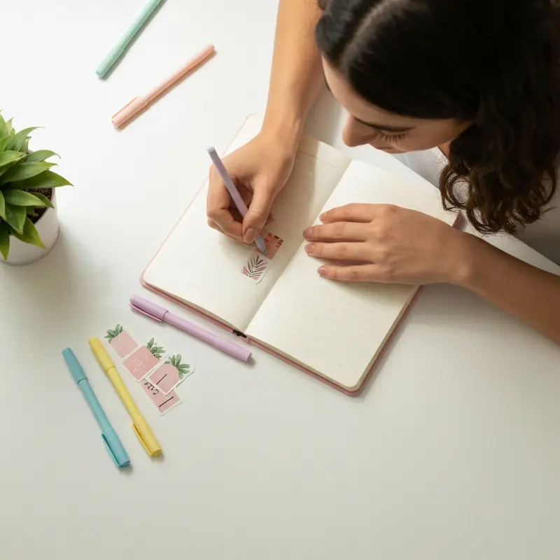 אישה כותבת ביומן מעוצב עם מדבקות, טיפוח אישי