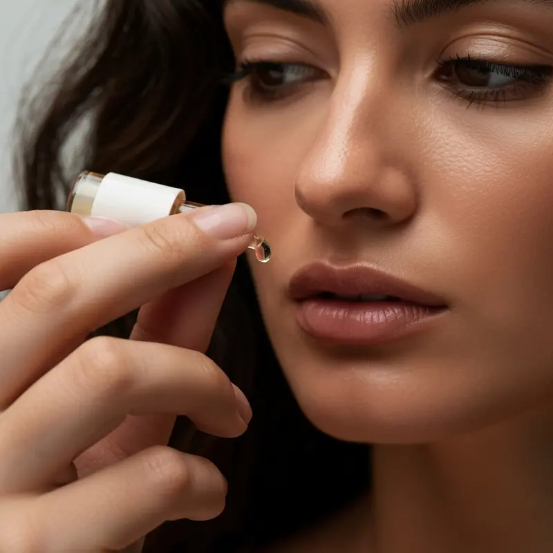אישה מורחת טיפה של סרום רטינול על העור