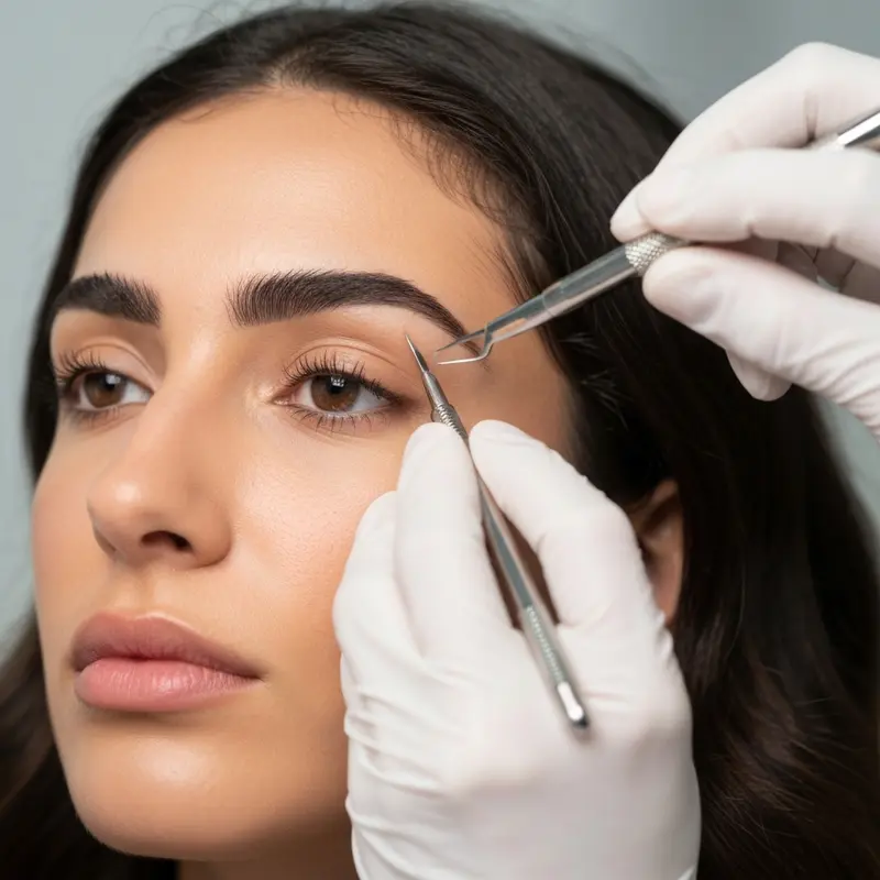 אישה מכינה את פניה לטיפול איפור קבוע בגבות