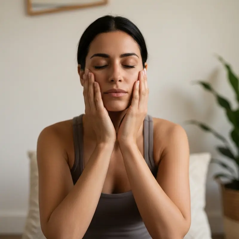אישה מניחה ידיים על פניה ברוגע