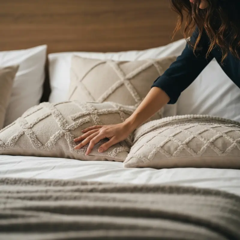 אישה מסדרת כריות בחדר שינה מעוצב