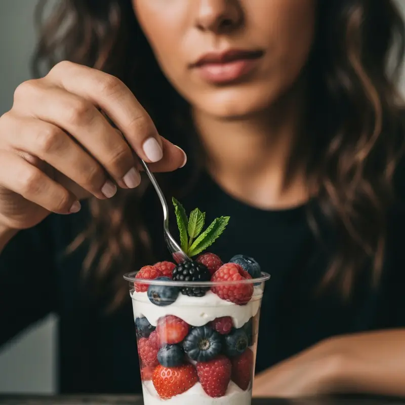אישה מקשטת קינוח כוס מהיר בפירות יער