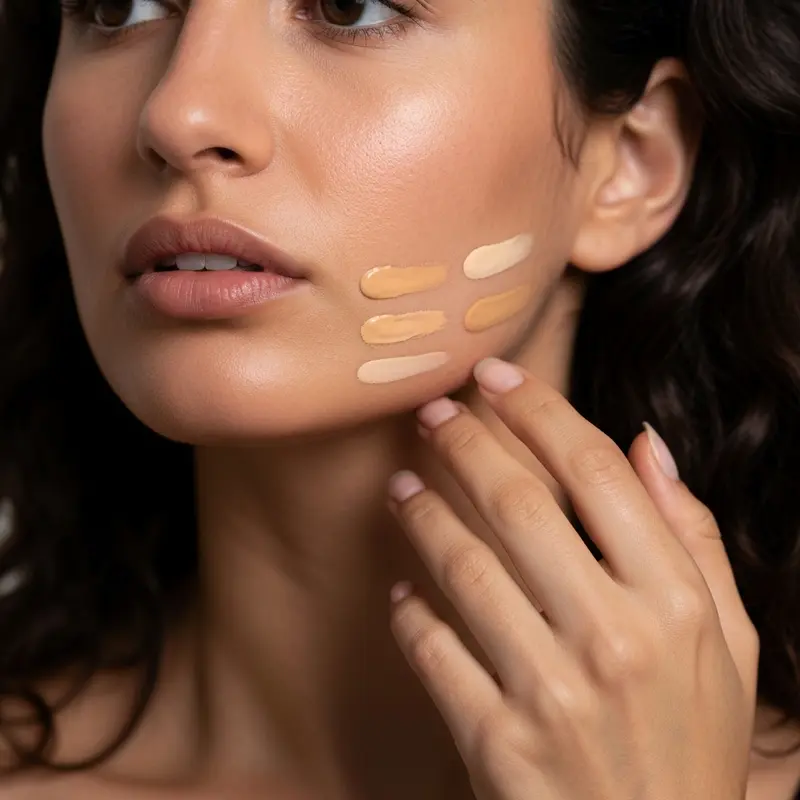 אישה צעירה משווה גווני מייקאפ שונים