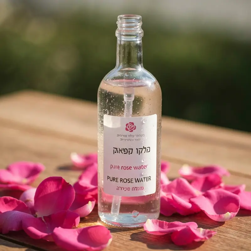 בקבוק מי ורדים טהורים לצד עלי כותרת