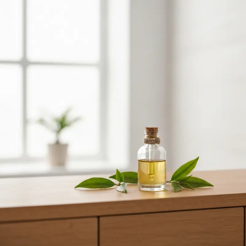 בקבוקון שמן עץ התה ועלים ירוקים