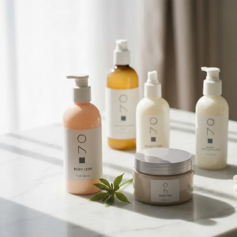 בקבוקי קרם גוף ריחניים בסביבה אסתטית.
