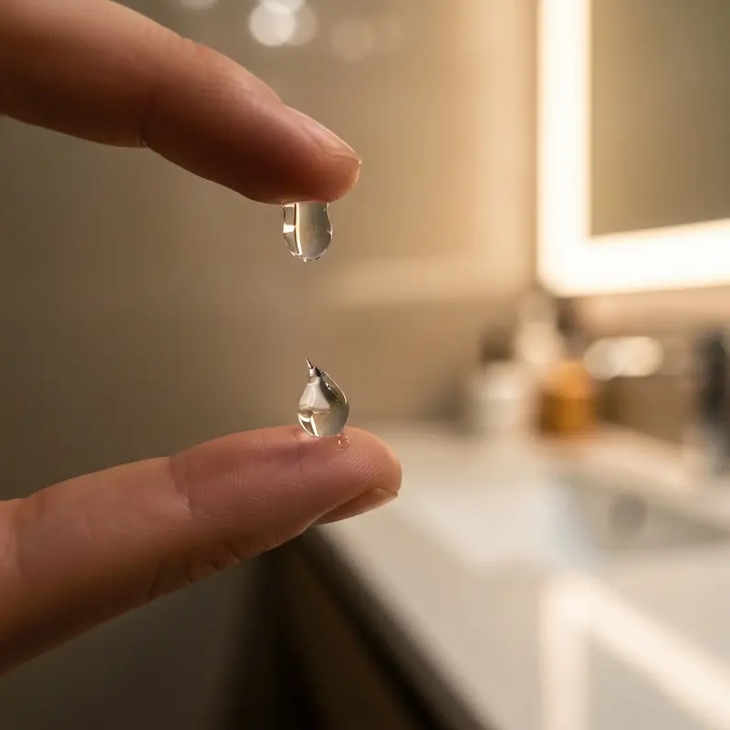 טיפות סרום חומצה היאלורונית על האצבע