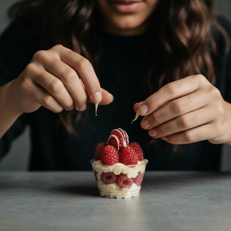 יד מקשטת קינוח כוסות במטבח אסתטי