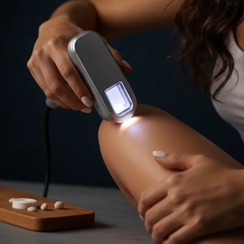 יד של אישה משתמשת במכשיר IPL ביתי להסרת שיער.