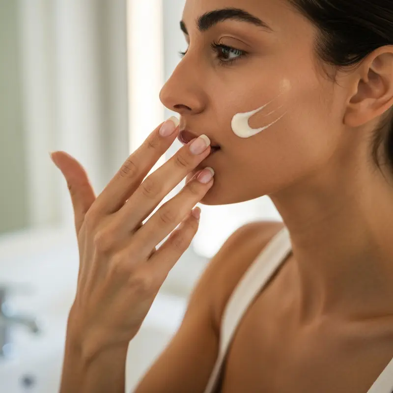 ידיים מורחות פריימר על הפנים לפני איפור