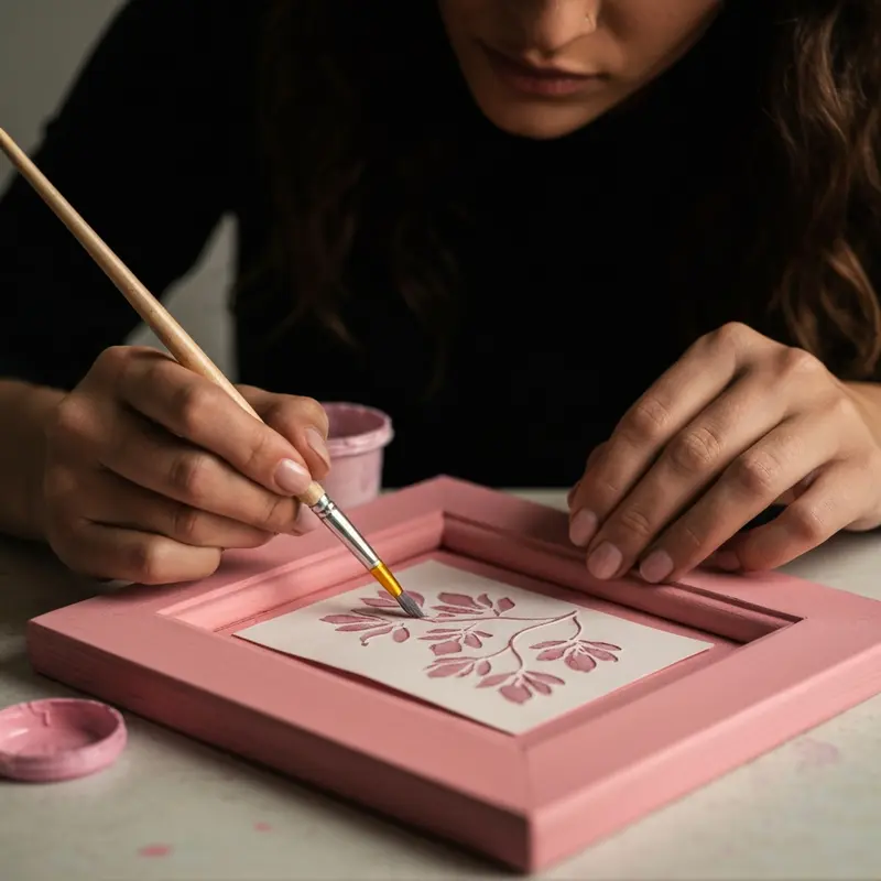 ידיים של אישה מעטרות רהיט בציור יד עדין