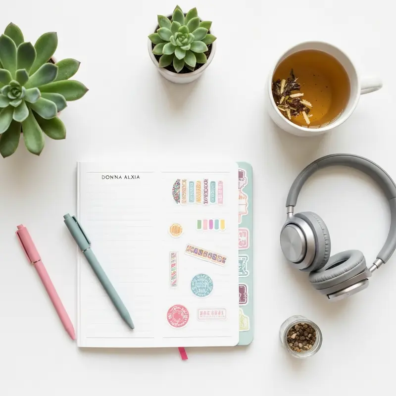 יומן מעוצב עם מדבקות לצד אוזניות, המלצות פודקאסטים