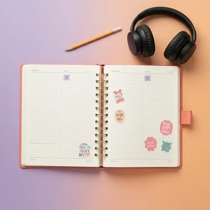 יומן פתוח עם מדבקות לצד אוזניות, סמל להתפתחות אישית