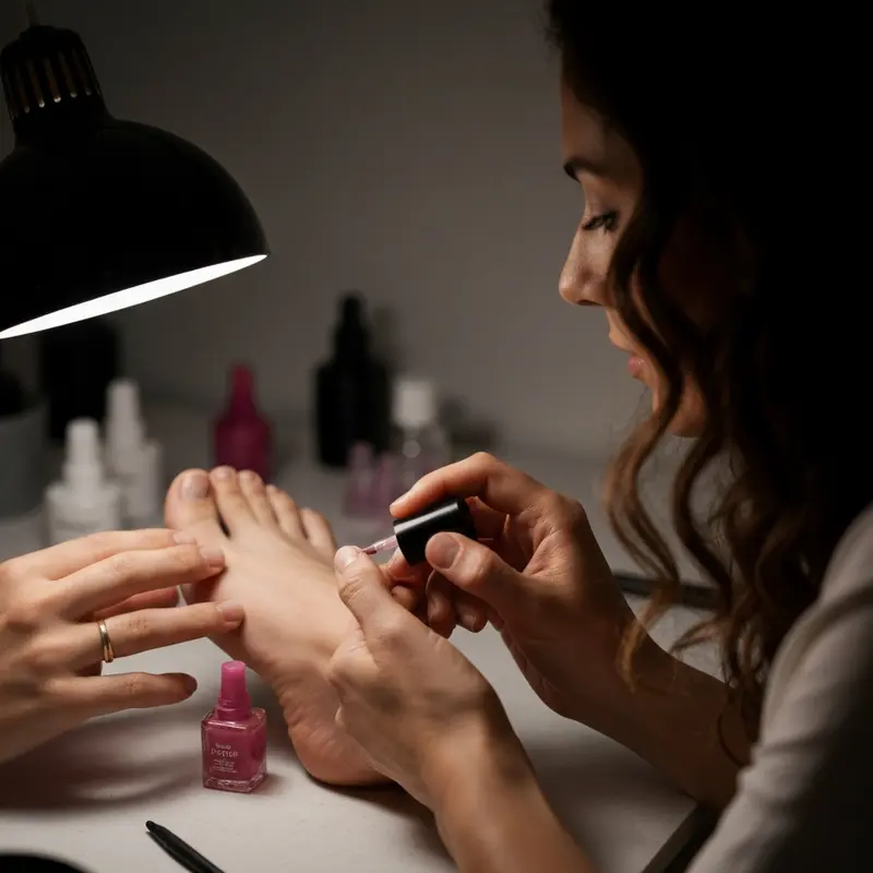 לק מודרני מבריק על כפות רגליים מטופחות