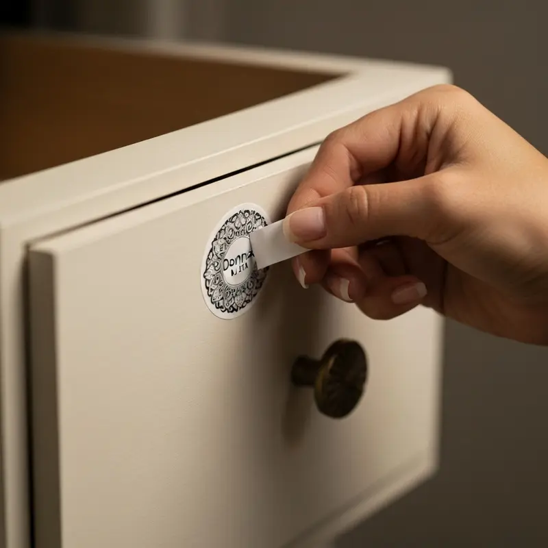 מדבקה מעוצבת על מגירה אחרי חידוש רהיטים.