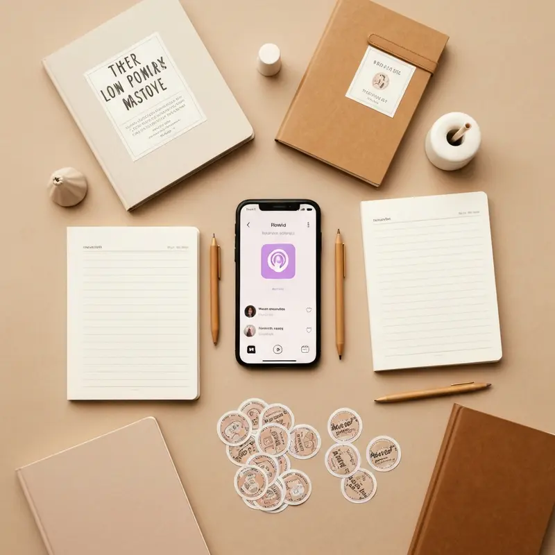 מדבקות ויומן מעוצבים לצד טלפון עם פודקאסט להתפתחות אישית.