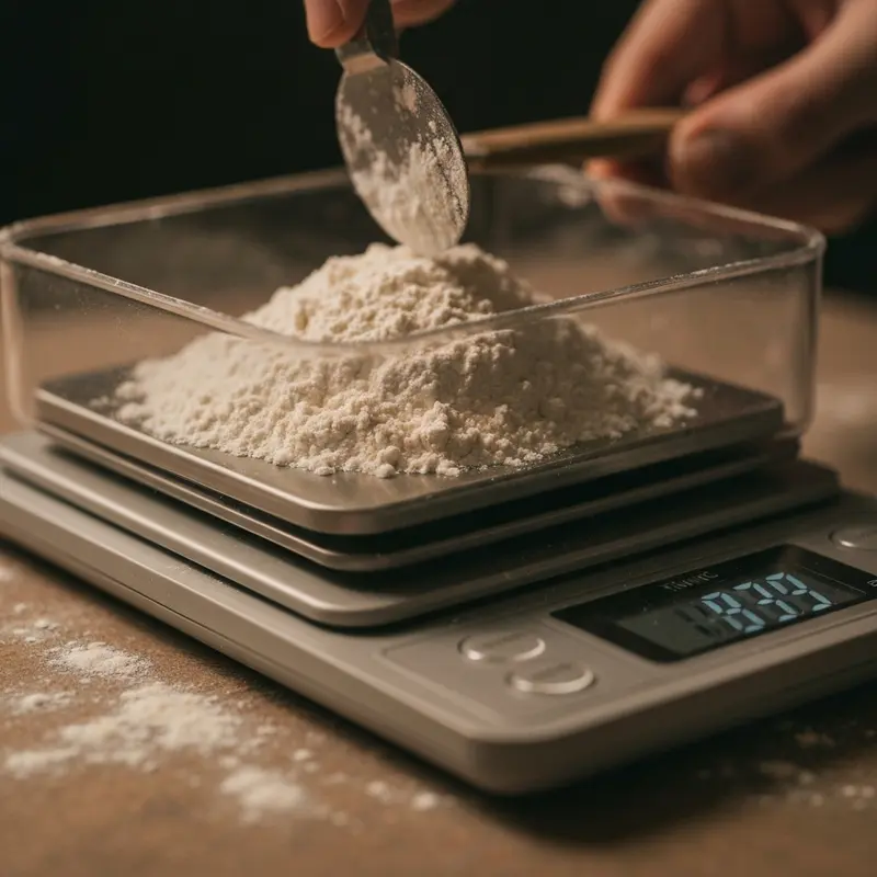 מדידת מרכיבים מדויקת במאזני מטבח לאפייה.