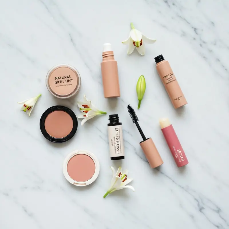 מוצרי איפור ליום יום טבעי מונחים על שיש.