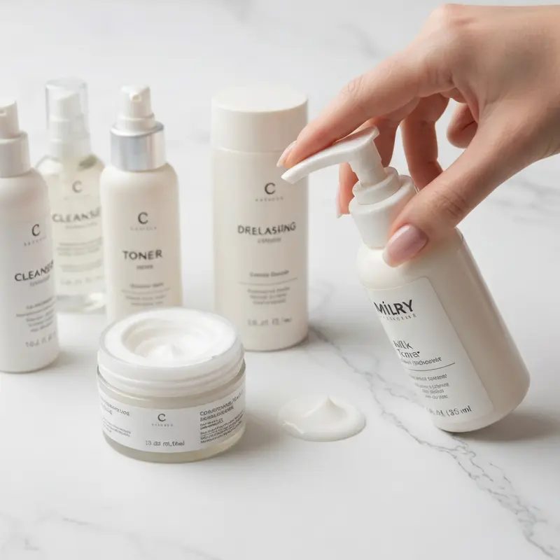 מוצרי טיפוח מסודרים לפי סדר מריחת מוצרי טיפוח