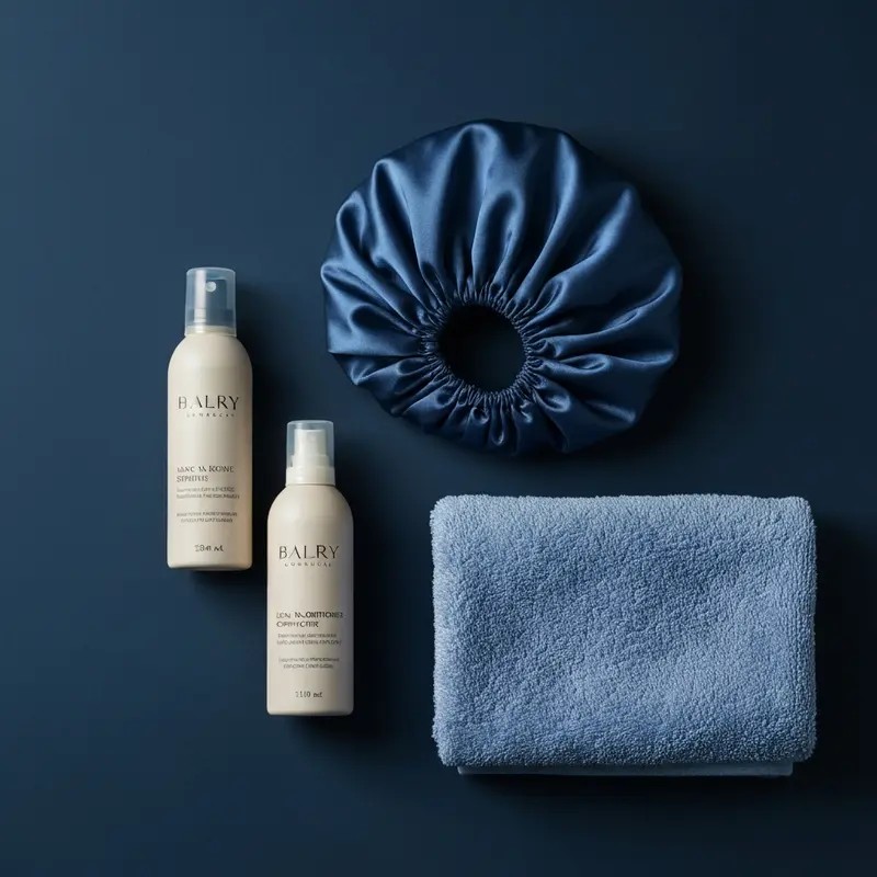 מוצרי רענון תלתלים בבוקר ליד כובע סאטן