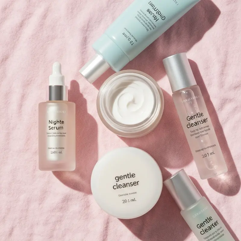 מוצרי שגרת טיפוח ערב מונחים באופן אסתטי.