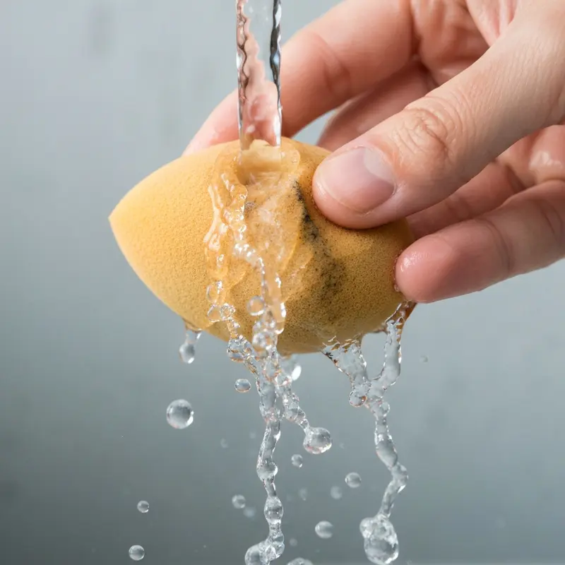 ניקוי ספוגיות איפור מלוכלכות במים זורמים