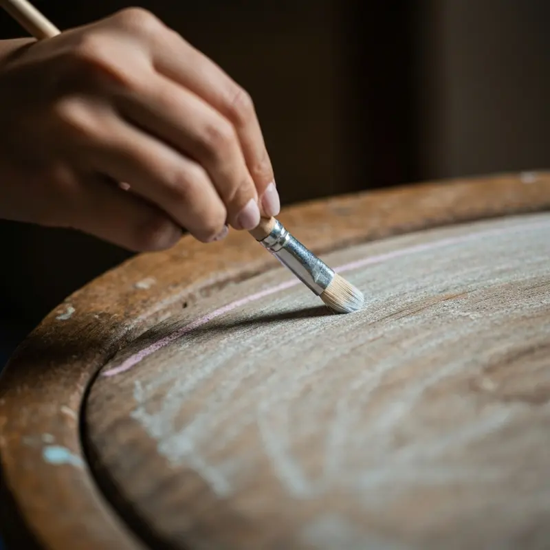 קלוז אפ על יד צובעת רהיט עץ