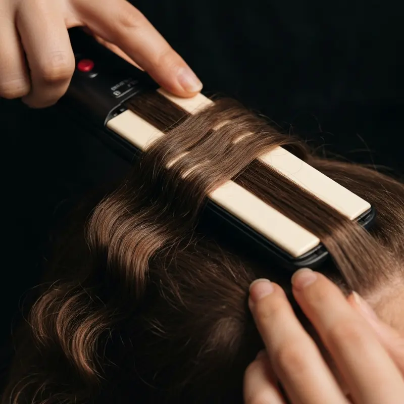 קלוז אפ על מחליק שיער יוצר גלים בשיער