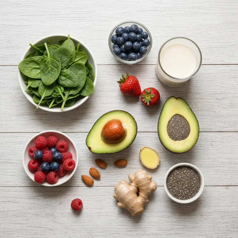 שולחן עמוס ברכיבים טריים לסמודי יופי