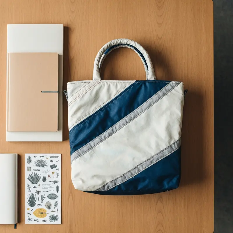 תיק Upcycled מבד ממוחזר, מונח על שולחן