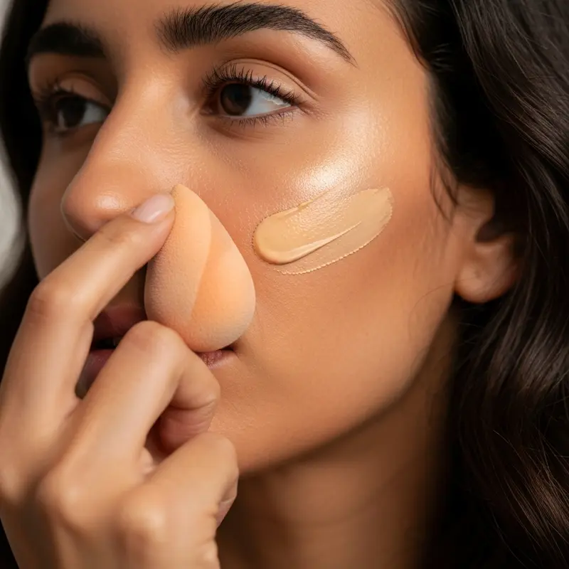 איפור עור בוגר: ספוגית לחה מניחה מייקאפ קרמי.