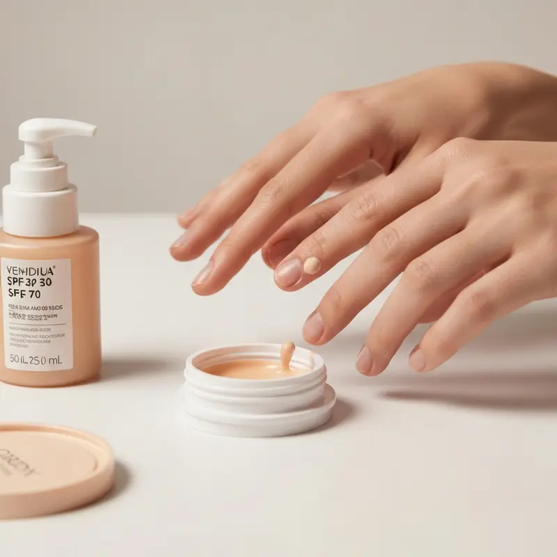 אישה מורחת קרם הגנה SPF 50 על פניה בחיוך