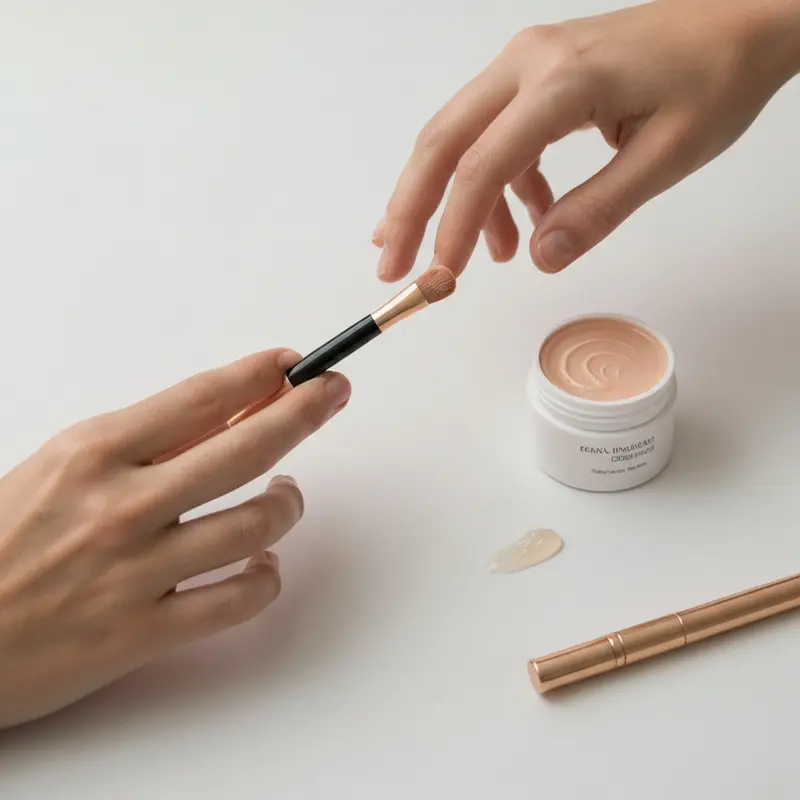 בקבוק מייקאפ היברידי לצד סרום פנים, הממחיש את שילוב האיפור והטיפוח במוצר אחד.