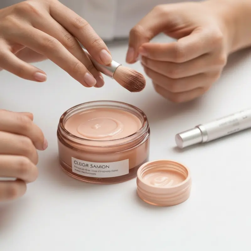 בקבוקון קטן של שמן קוטיקולות על רקע טשטוש של ידיים מטופחות המורחות אותו בעדינות.