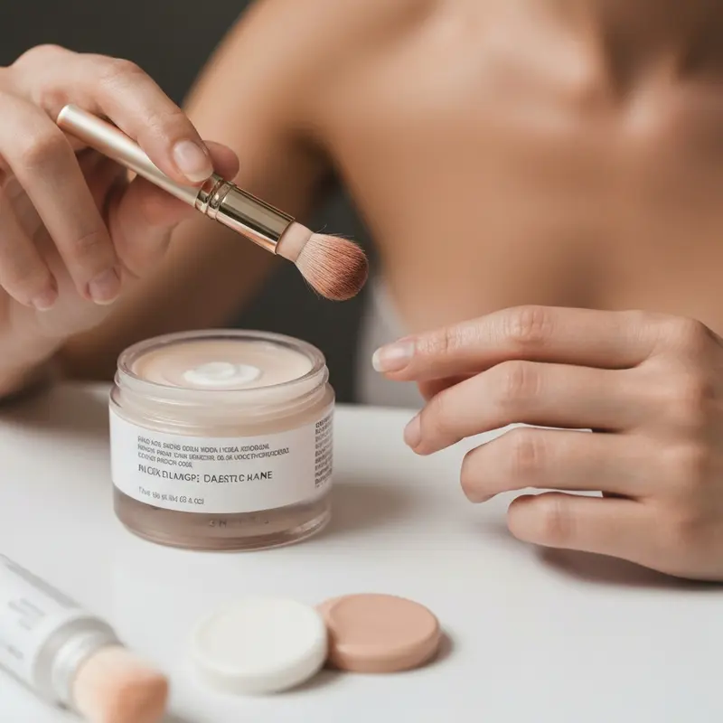 בקבוקי סרום וקרמים עדינים עם מרקמים נעימים מונחים על משטח אבן מינימליסטי, לצד פרח לבן, המבטאים שגרת טיפוח מאוזנת ושלווה.