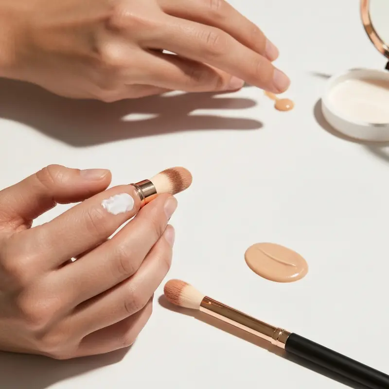 יד אוחזת בתרסיס SPF שקוף, מתיזה על פנים מאופרות בעדינות בטכניקת חידוש הגנה