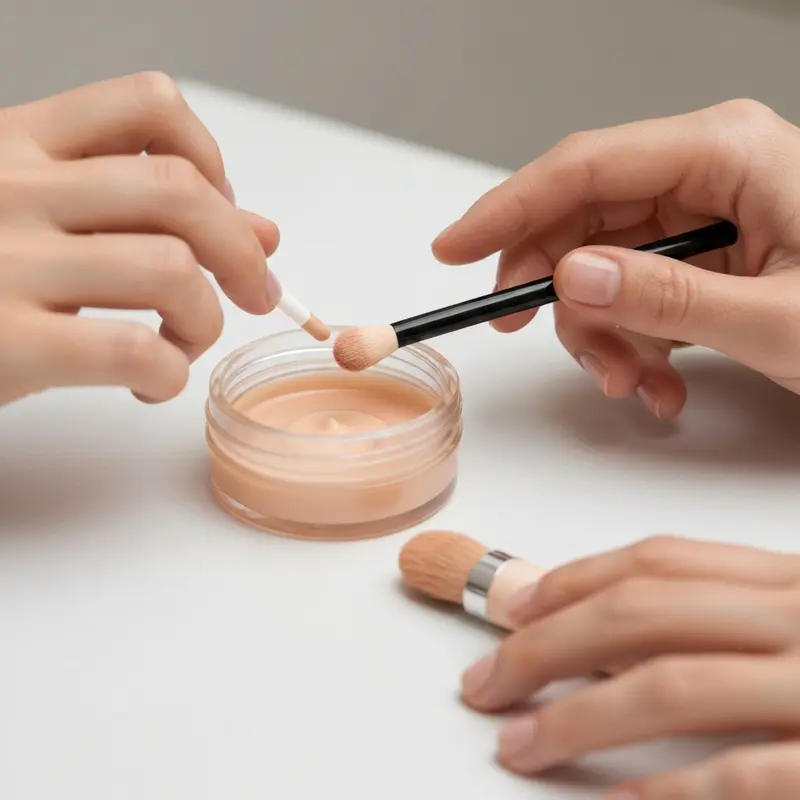 יד אישה עדינה מורחת קרם פנים עשיר מתוך צנצנת זכוכית קטנה, מדגישה חווית טיפוח באריזה ידידותית לסביבה.