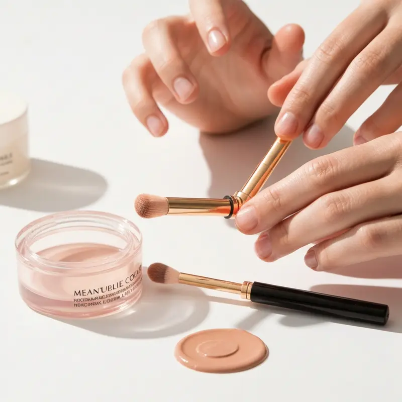 יד מעבירה בקבוק סרום לשיער על קצוות שיער זוהר וחלק