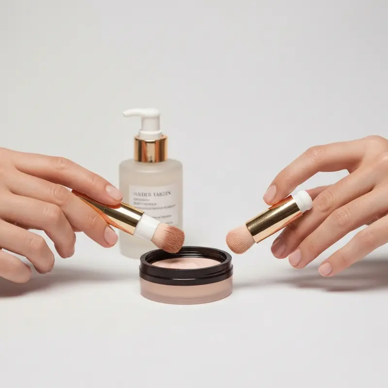 יד נשית מורחת קונסילר מתחת לעין בעזרת מברשת איפור עדינה ליצירת בסיס אחיד וזוהר