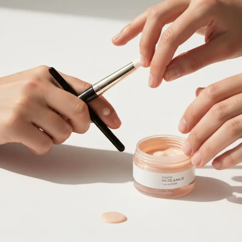 יד של אישה מניחה קורקטור בגוון אפרסק על אזור קטן עם פיגמנטציה על הפנים, מראה שלב בתיקון גוון.