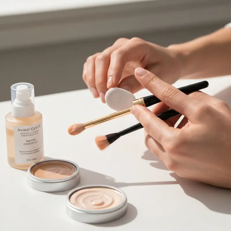 ידיים מורחות פריימר ירוק מרגיע על לחיים עם אדמומיות קלה