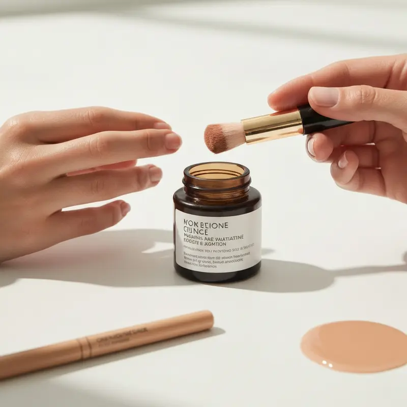 ידיים עדינות מורחות סרום ויטמין C זוהר על עור פנים נקי בבוקר, כשקרני שמש עדינות מאירות את החדר.