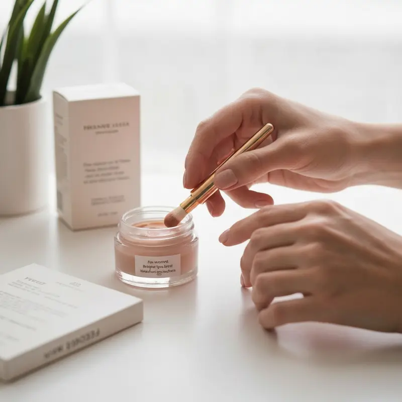 ידיים עדינות מורחות סרום על אזור האף, המדגיש טיפול עדין.