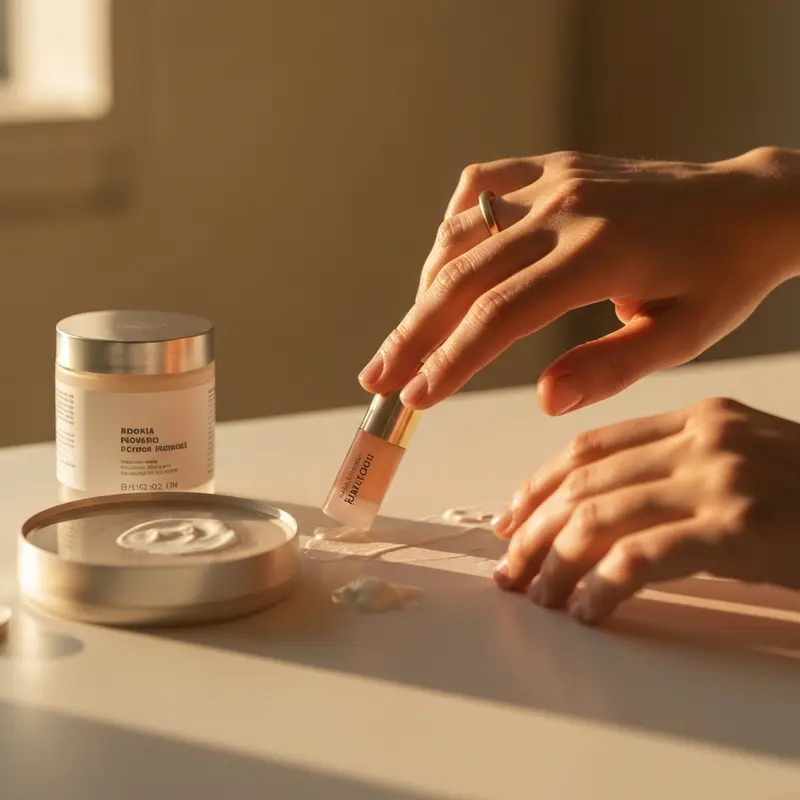 ידיים עדינות מורחות קרם לחות קליל על פנים מוארות.