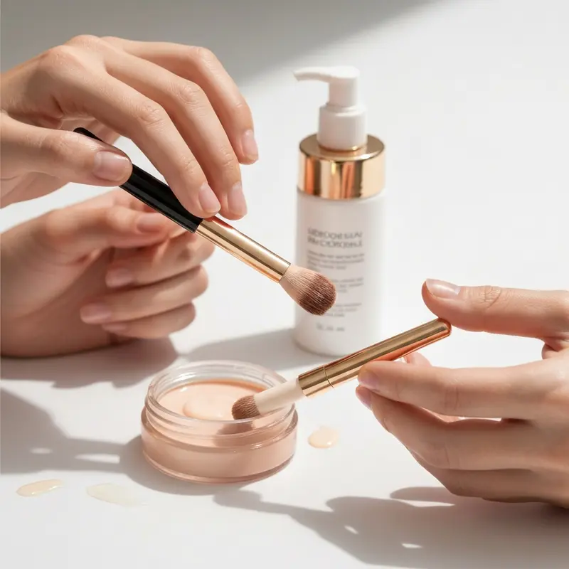 ידיים של אישה מורחות סרום ויטמין C על פנים נקיות, מדגישות שגרת טיפוח.