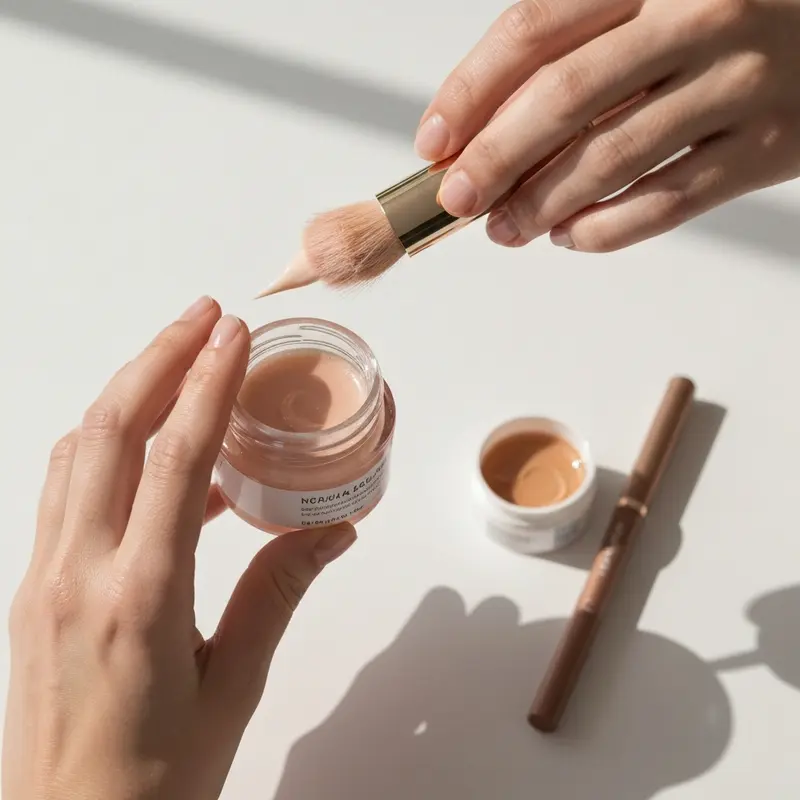 ידיים של אישה ממיינות מוצרי איפור וטיפוח, מפרידות בין מוצרים לשימור, תרומה או זריקה. מיקוד על פעולת הארגון.